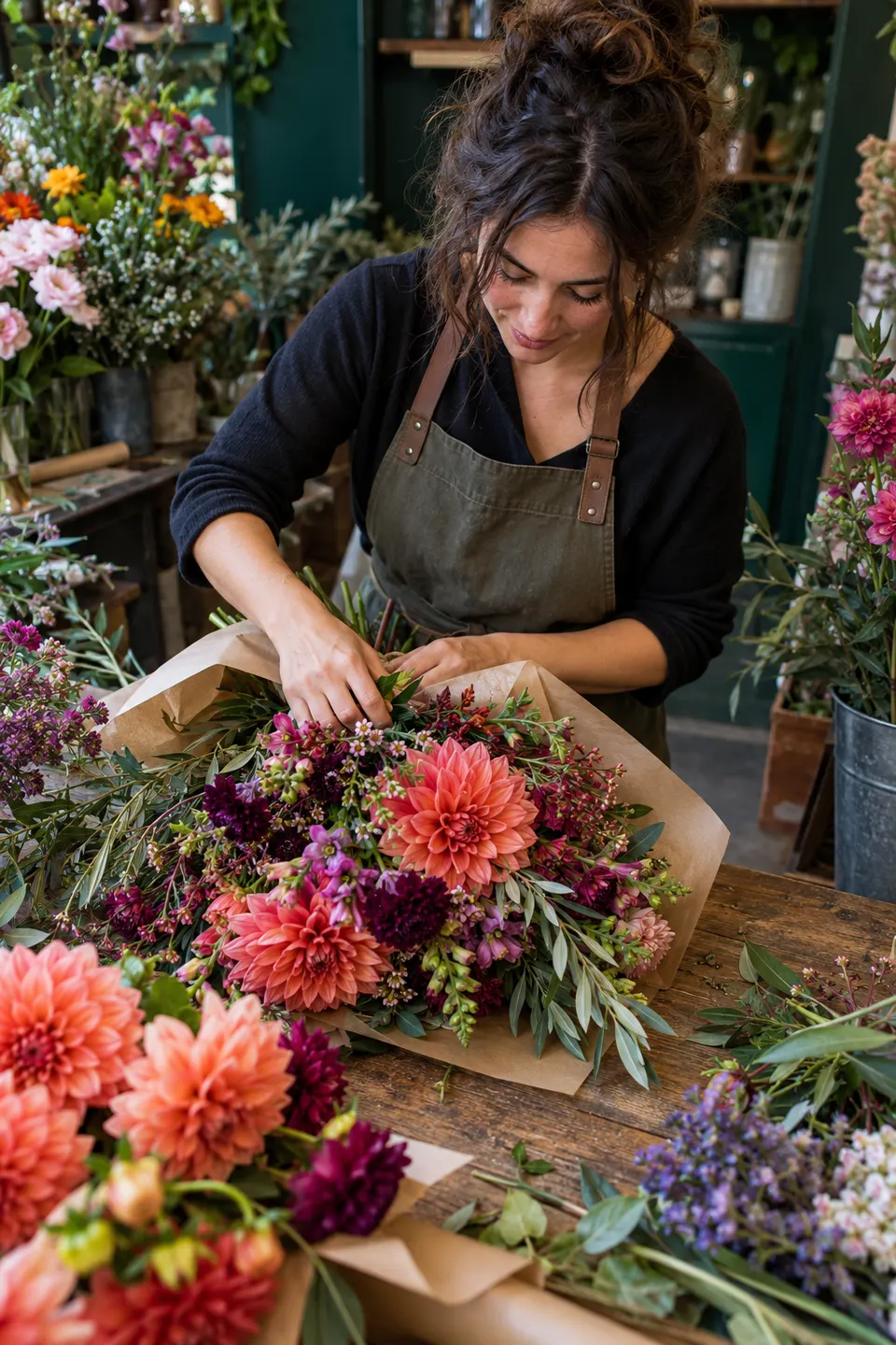 Escena ilustrativa: una florista prepara un ramo en el mostrador de su tienda.