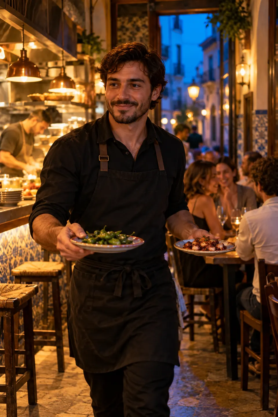 Escena ilustrativa: un camarero sirve tapas en un restaurante al anochecer.