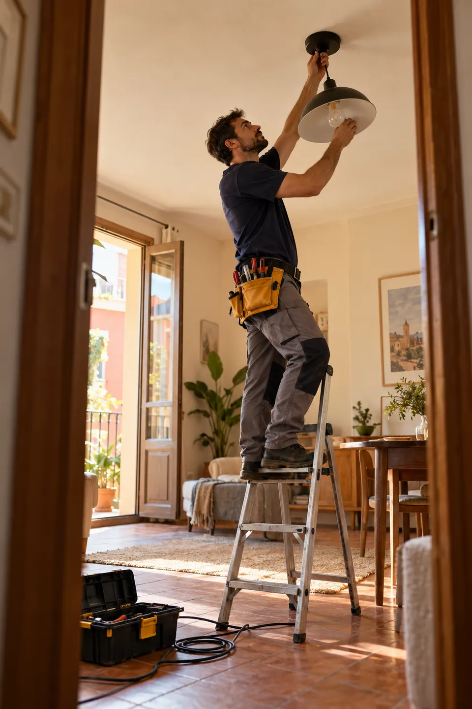 Escena ilustrativa: un electricista instala una lámpara en una vivienda.